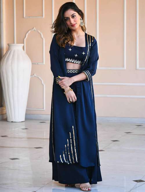 women navy blue embroidered fusion set - 20012508 - Standard Image - 0