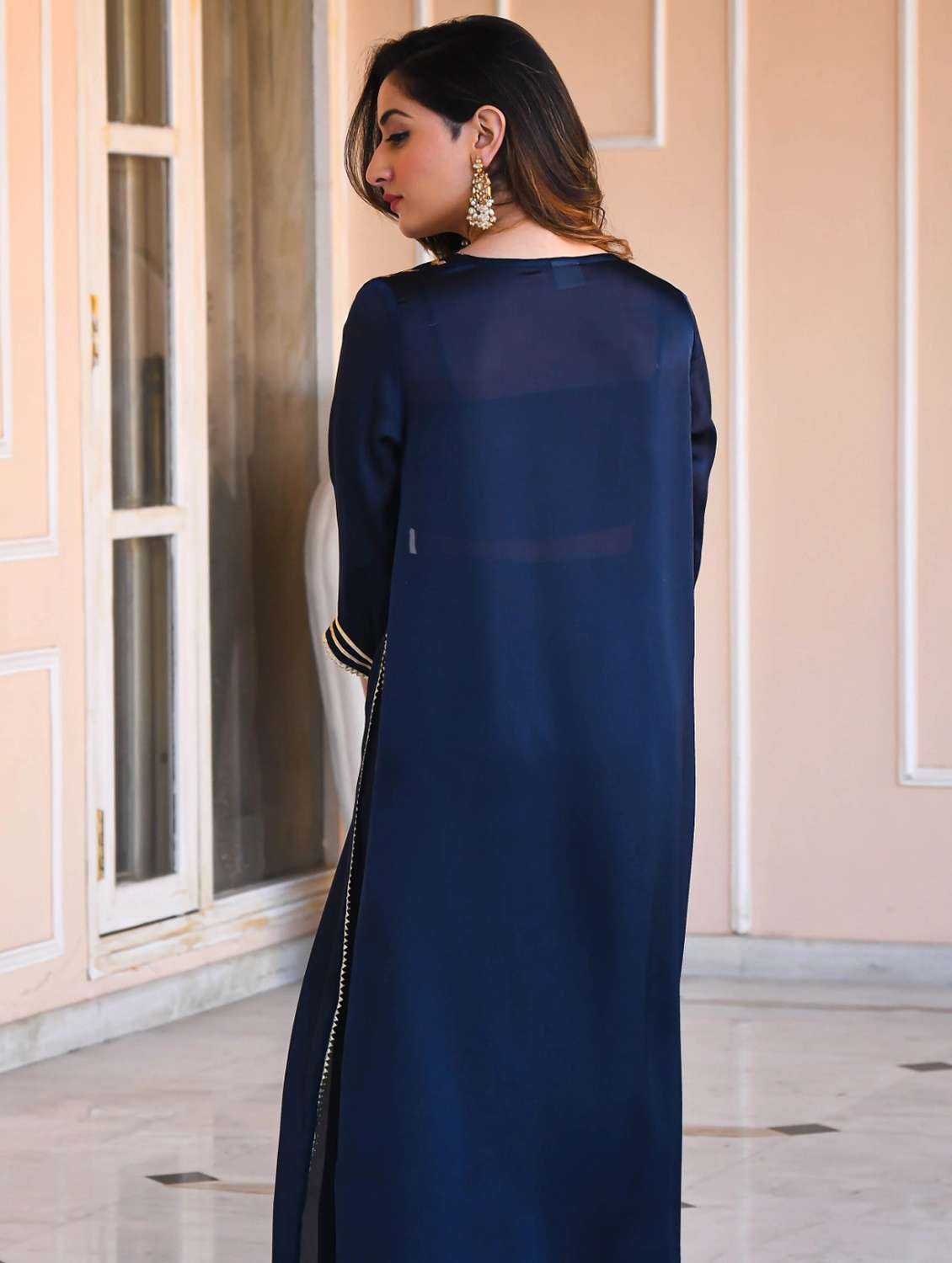 women navy blue embroidered fusion set - 20012508 - Standard Image - 3