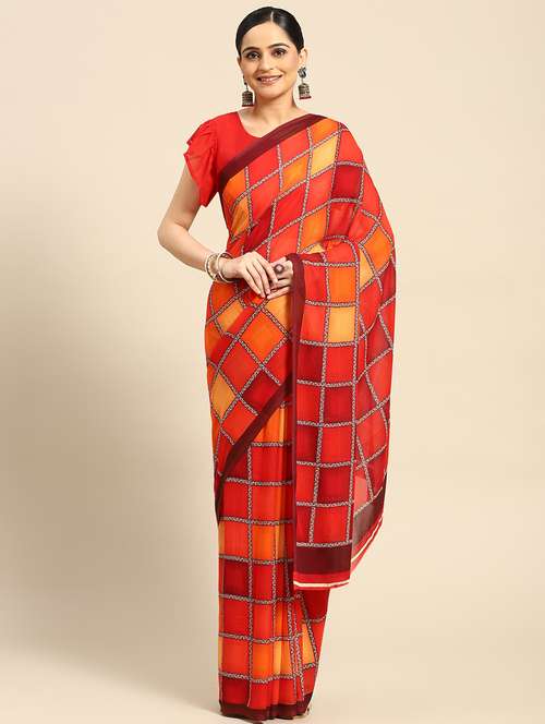 women's checks red colored saree with blouse - 20012584 - Standard Image - 0