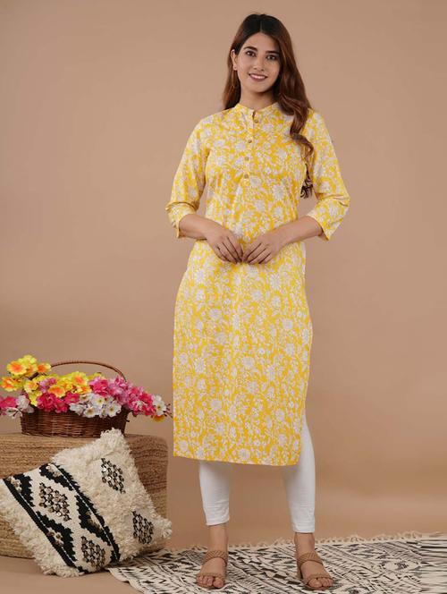 yellow cotton straight kurta - 20014402 - Standard Image - 0