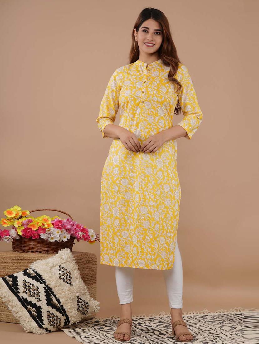 yellow cotton straight kurta - 20014402 - Zoom Image - 0