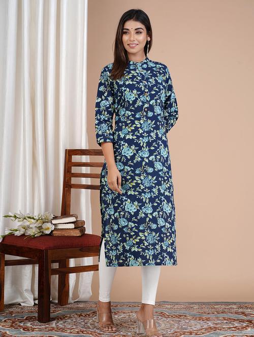 navy cotton straight kurta - 20014419 -  Standard Image - 0