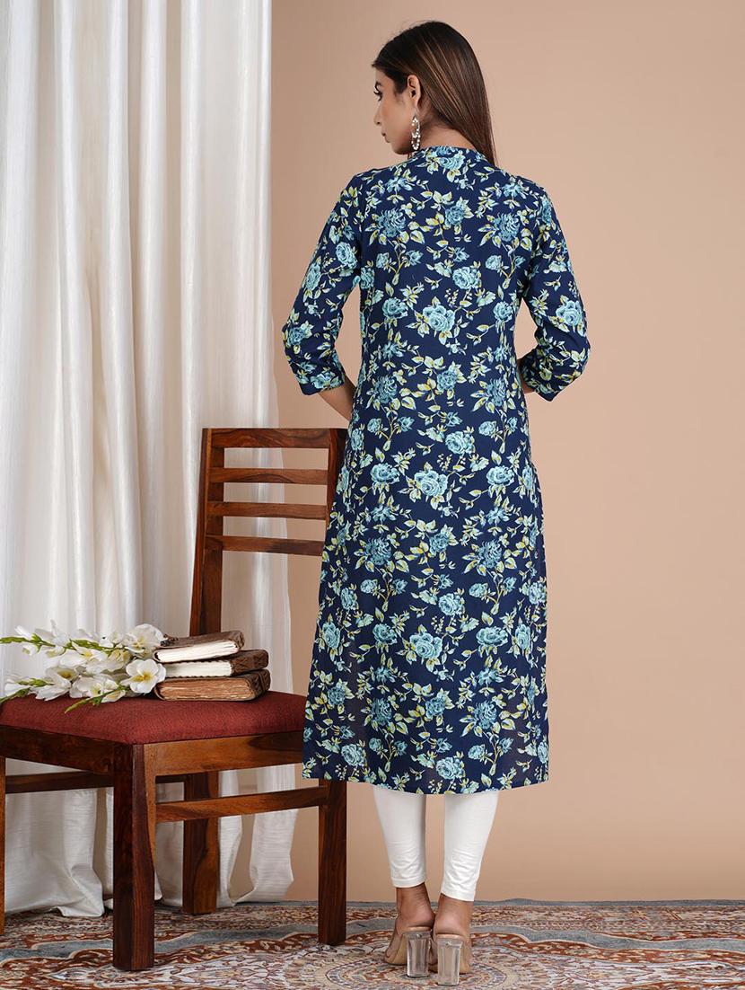 navy cotton straight kurta - 20014419 - Standard Image - 3