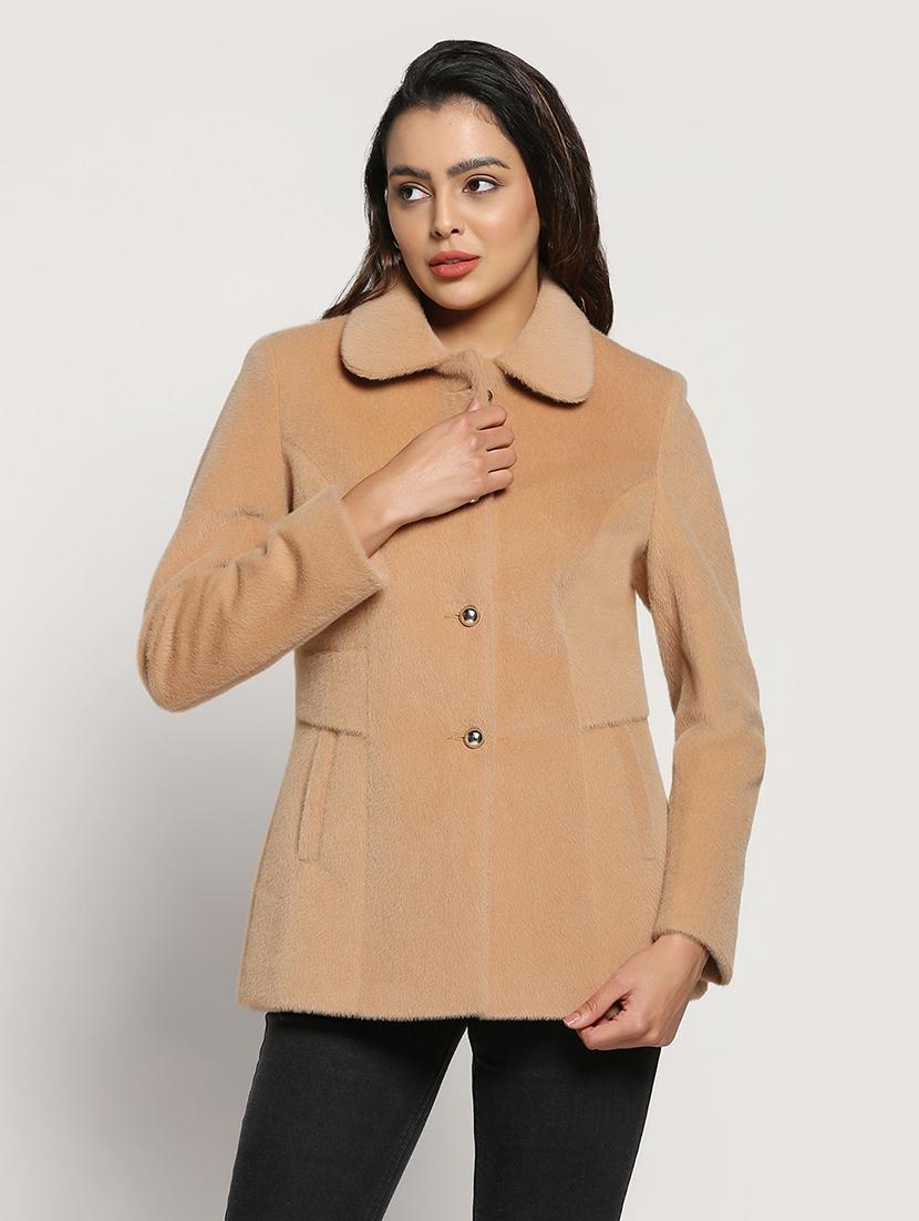 solid beige peter pan collar coat - 20017572 - Zoom Image - 0