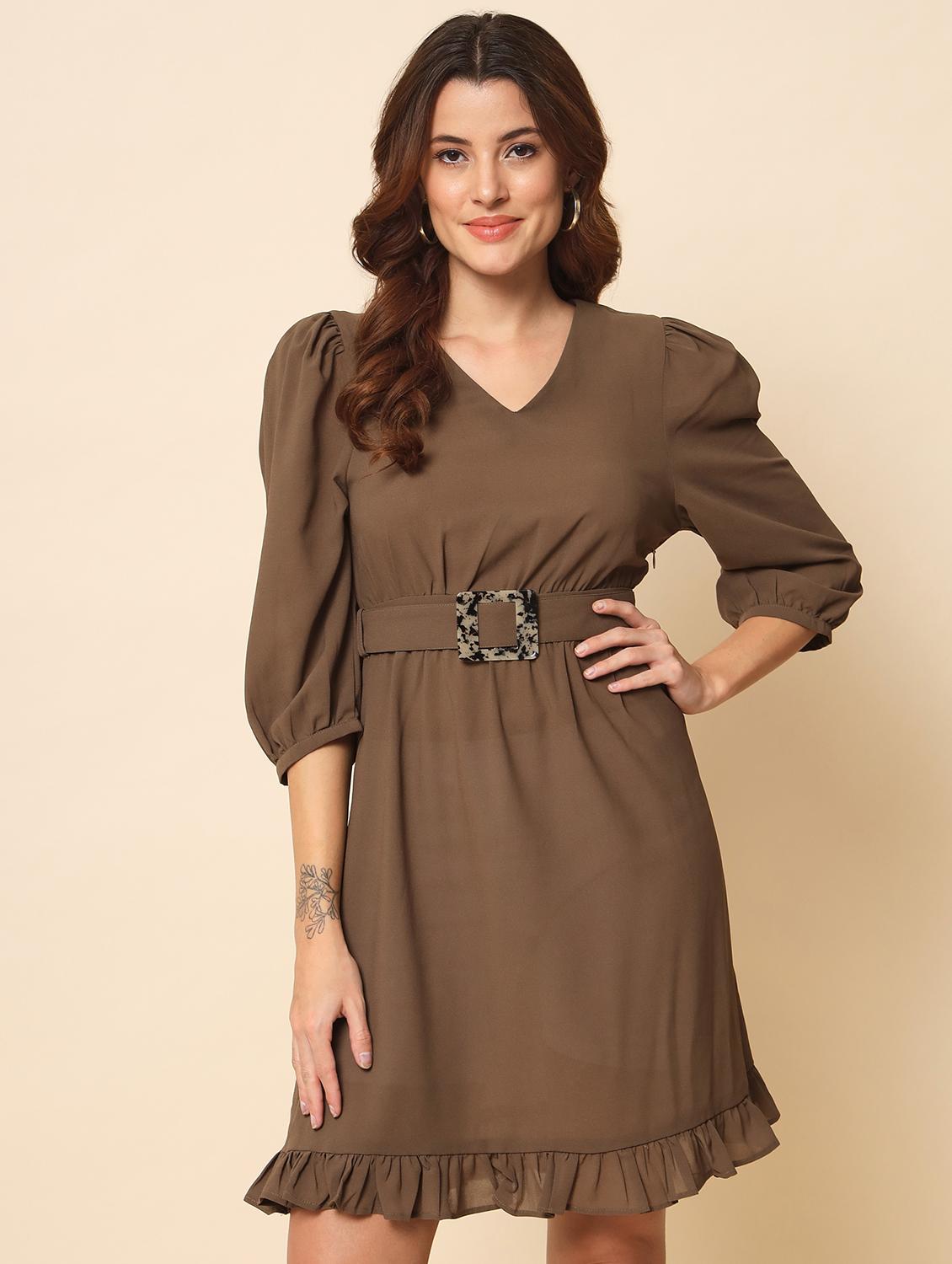 v-neck solid fit & flared mini dress - 20017606 - Zoom Image - 0