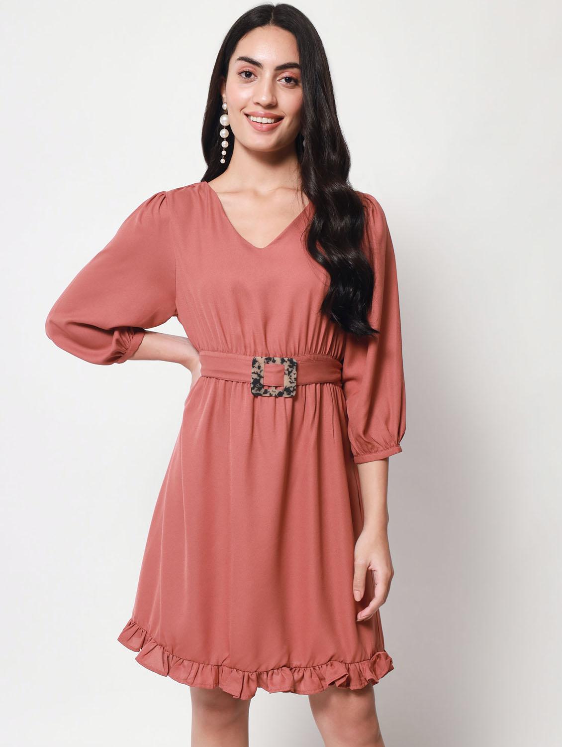 v-neck solid fit & flared mini dress - 20017607 -  Zoom Image - 0