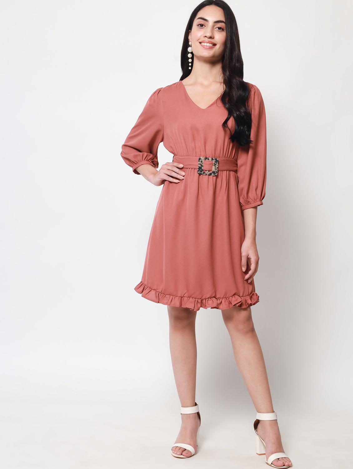 v-neck solid fit & flared mini dress - 20017607 - Standard Image - 5