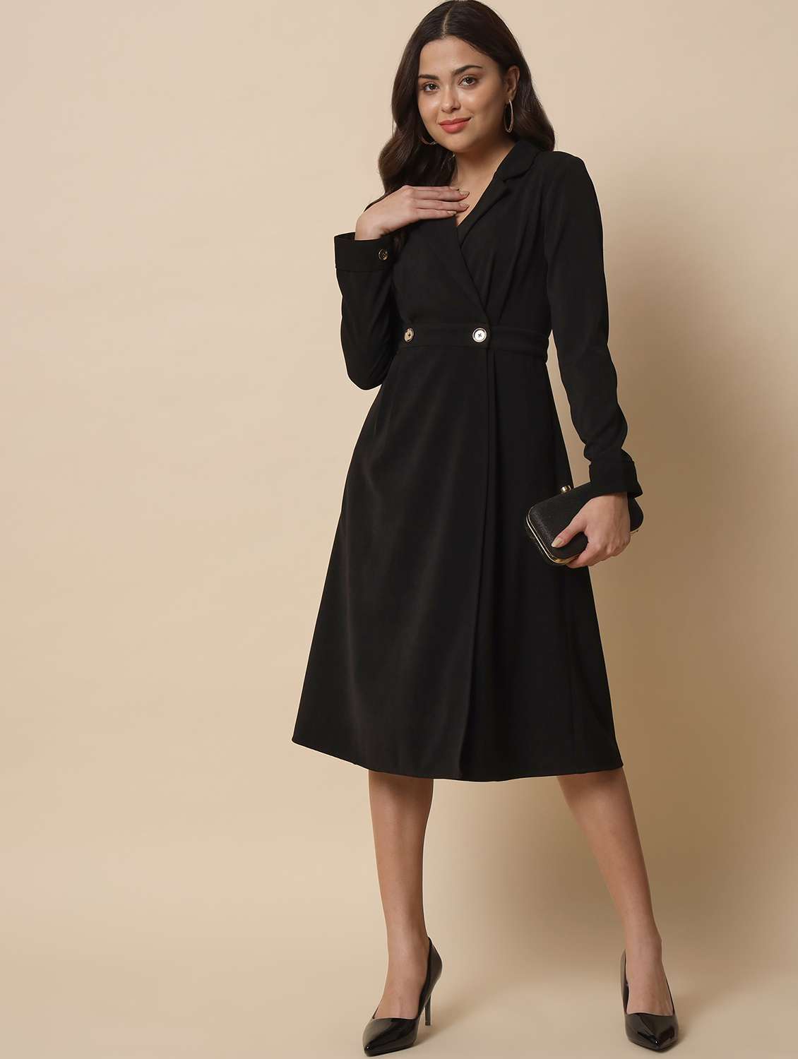 lapel neck solid fit & flare midi dress - 20017618 -  Standard Image - 3