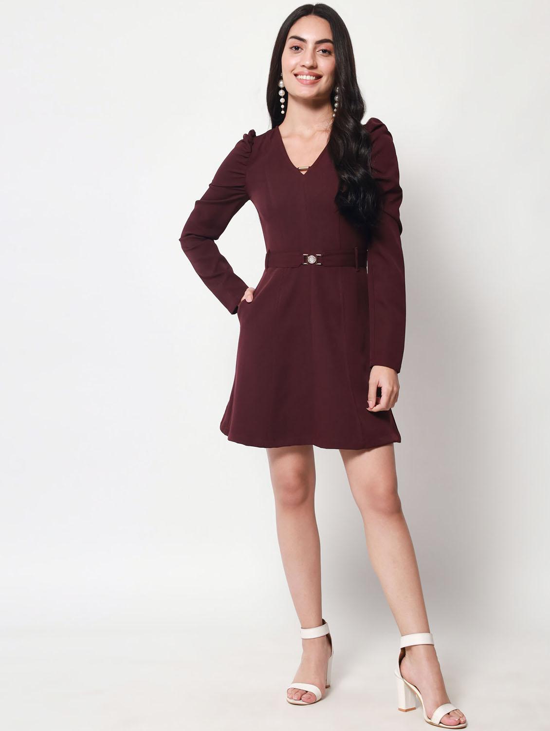solid fit & flared mini dress with waist belt - 20017621 - Standard Image - 5