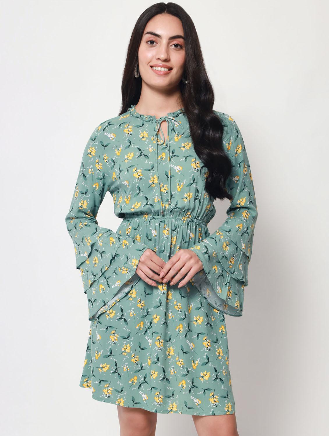 tie-up neck printed fit & flared mini dress - 20017623 -  Zoom Image - 0