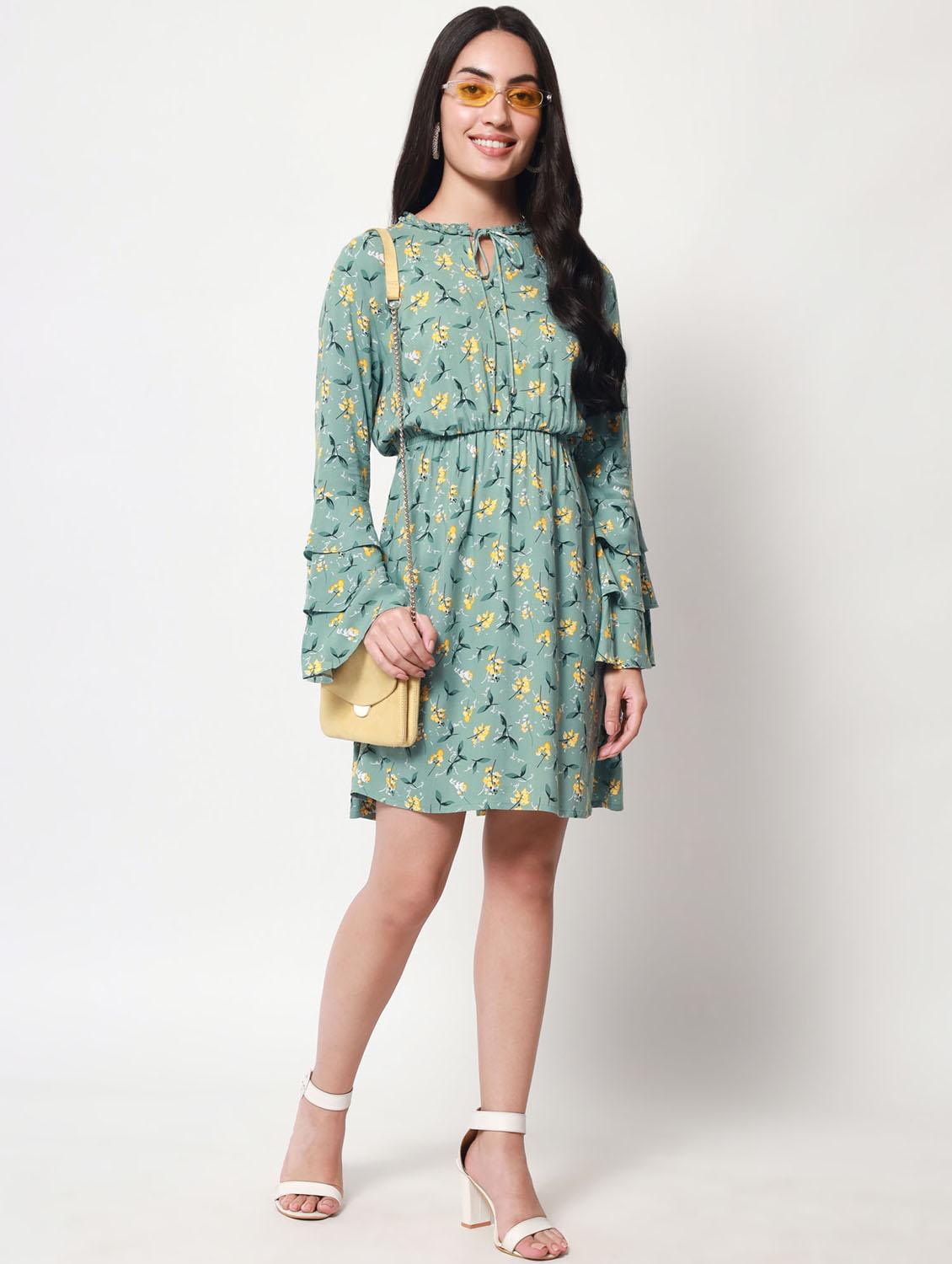 tie-up neck printed fit & flared mini dress - 20017623 - Standard Image - 5