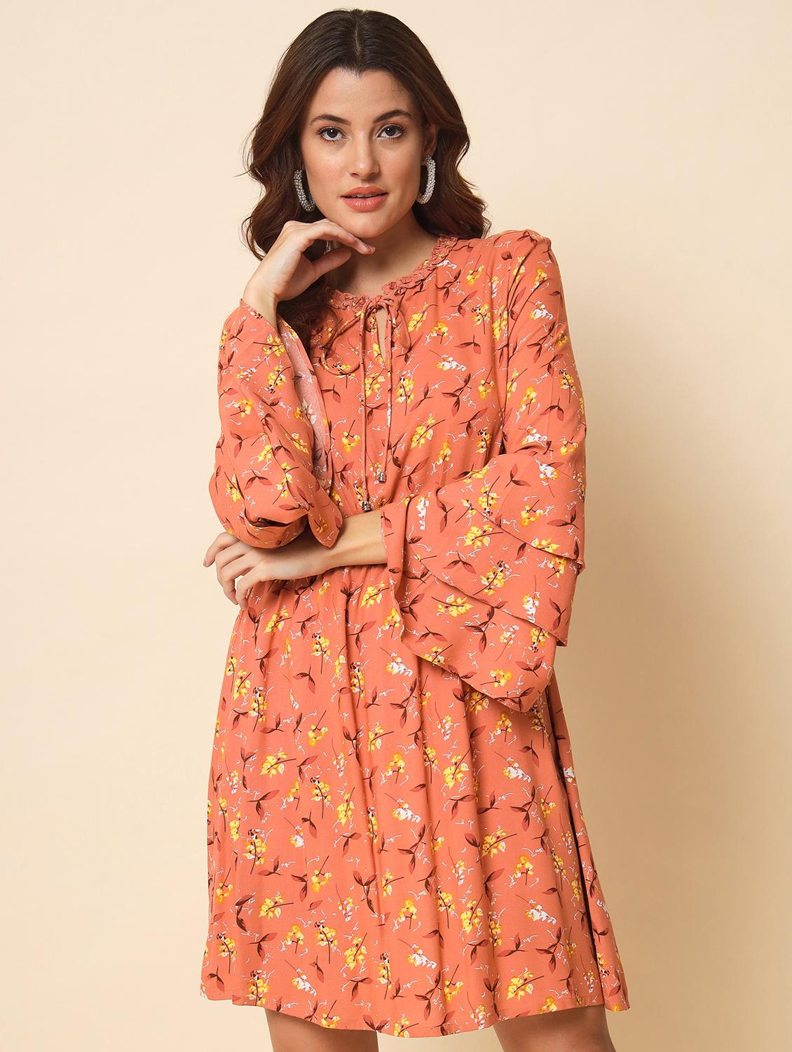 tie-up neck printed fit & flared mini dress - 20017624 -  Zoom Image - 0