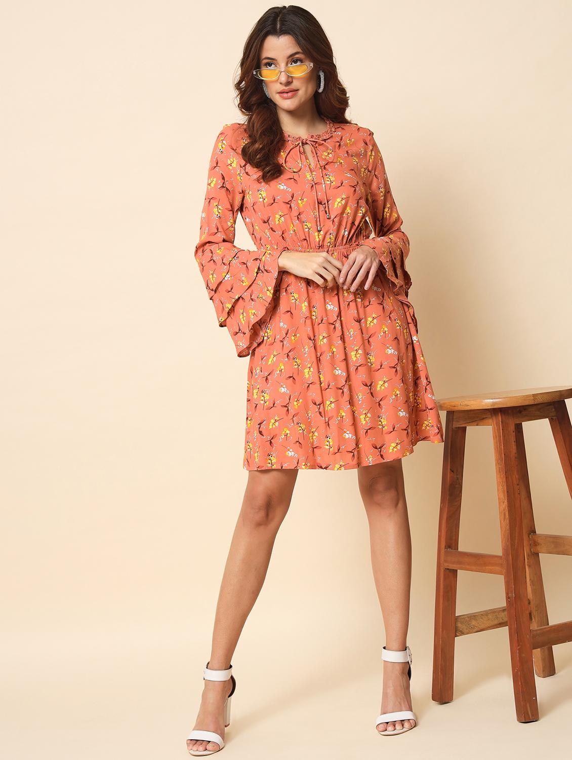 tie-up neck printed fit & flared mini dress - 20017624 - Standard Image - 3