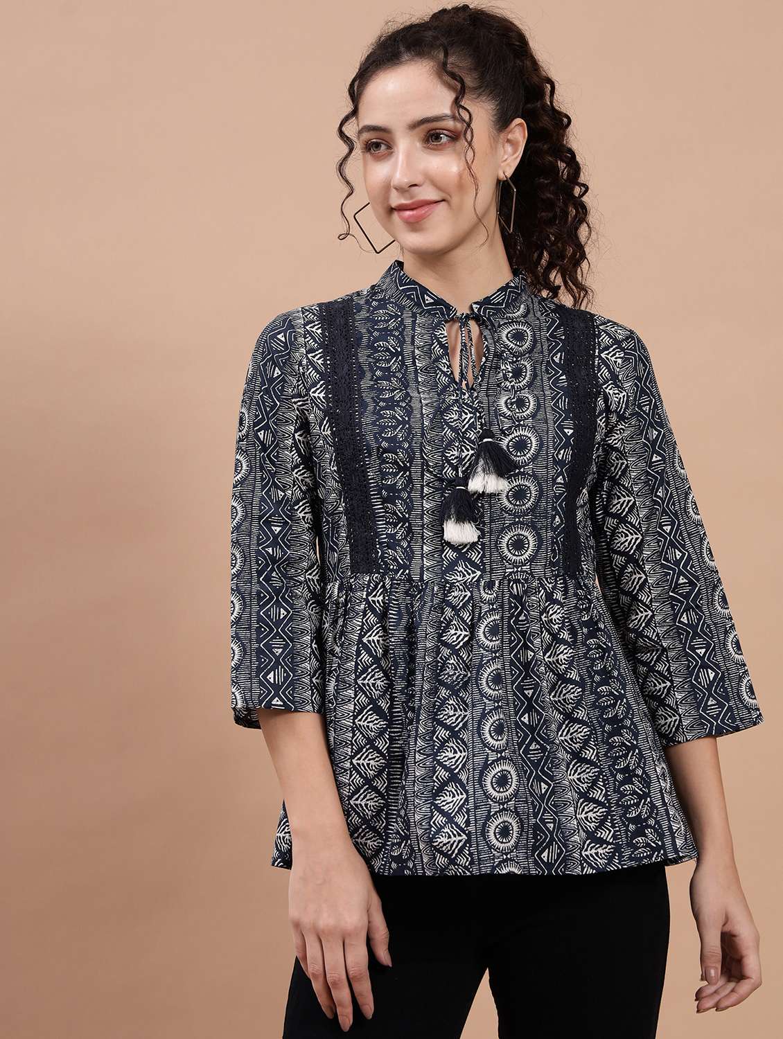 tie-up neck printed peplum top - 20017803 - Zoom Image - 0