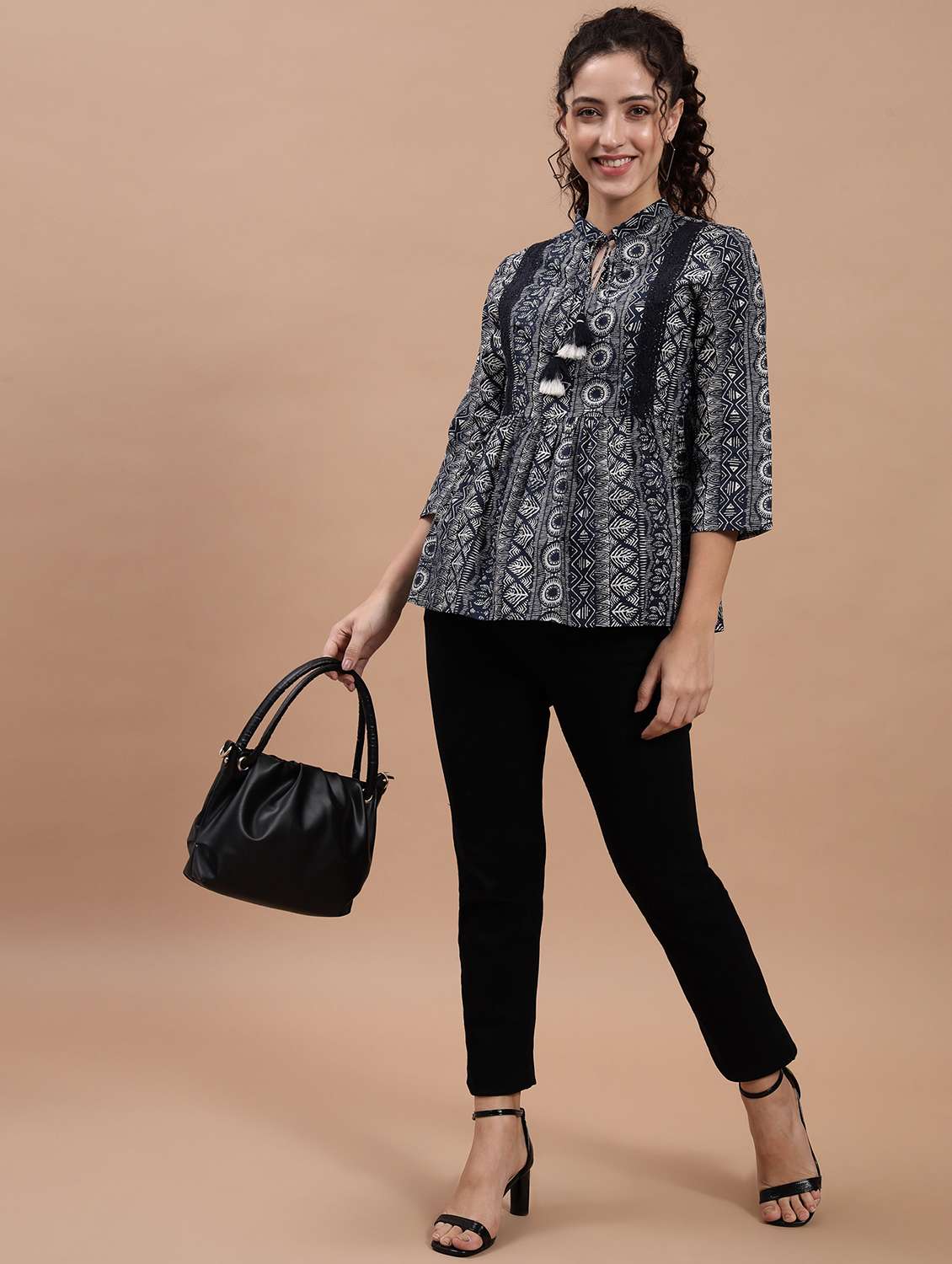 tie-up neck printed peplum top - 20017803 - Standard Image - 3