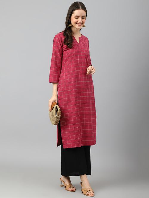 cbeckered cotton blend straight kurta - 20018267 - Standard Image - 0