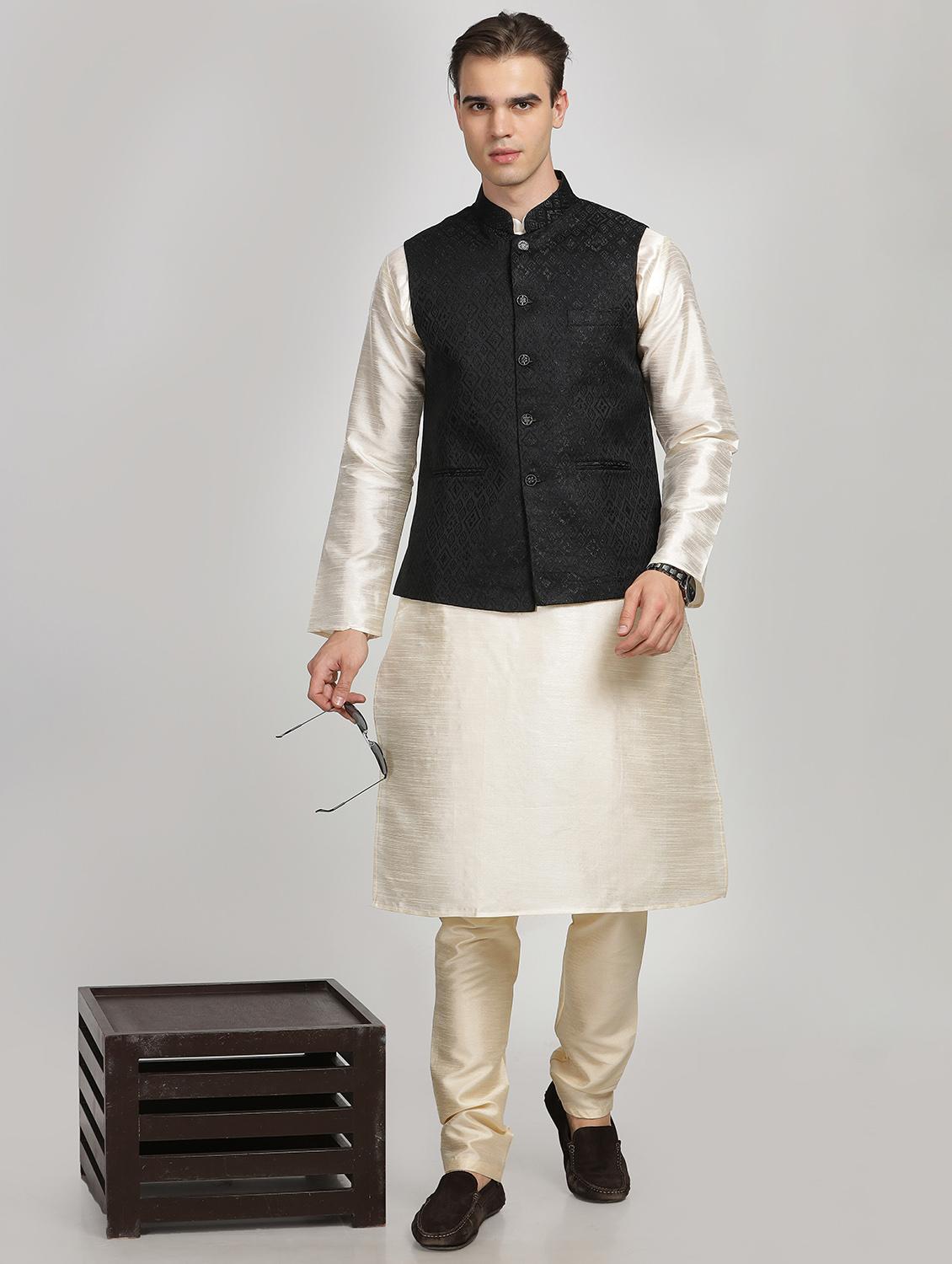 mandarin neck self design nehru jacket - 20018360 - Standard Image - 3