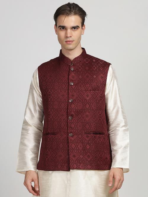 mandarin neck self design nehru jacket - 20018362 -  Standard Image - 0