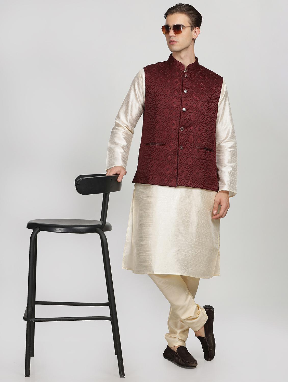 mandarin neck self design nehru jacket - 20018362 - Standard Image - 3