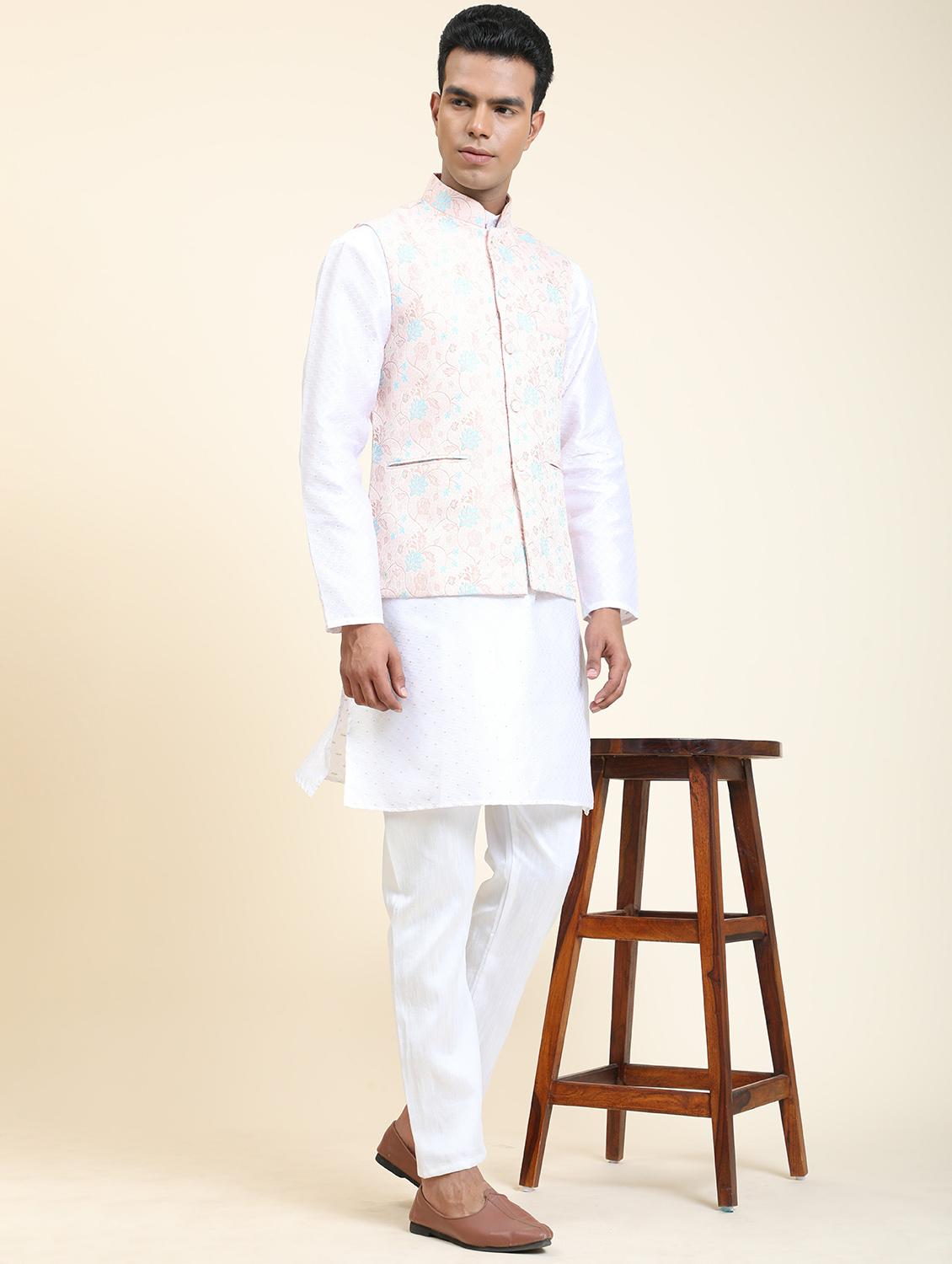 mandarin neck self design nehru jacket - 20018364 - Standard Image - 3