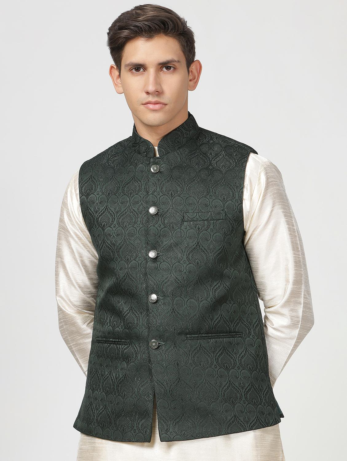 mandarin neck self design nehru jacket - 20018371 - Zoom Image - 0