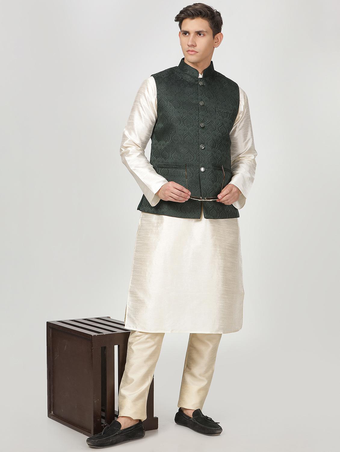mandarin neck self design nehru jacket - 20018371 - Standard Image - 3