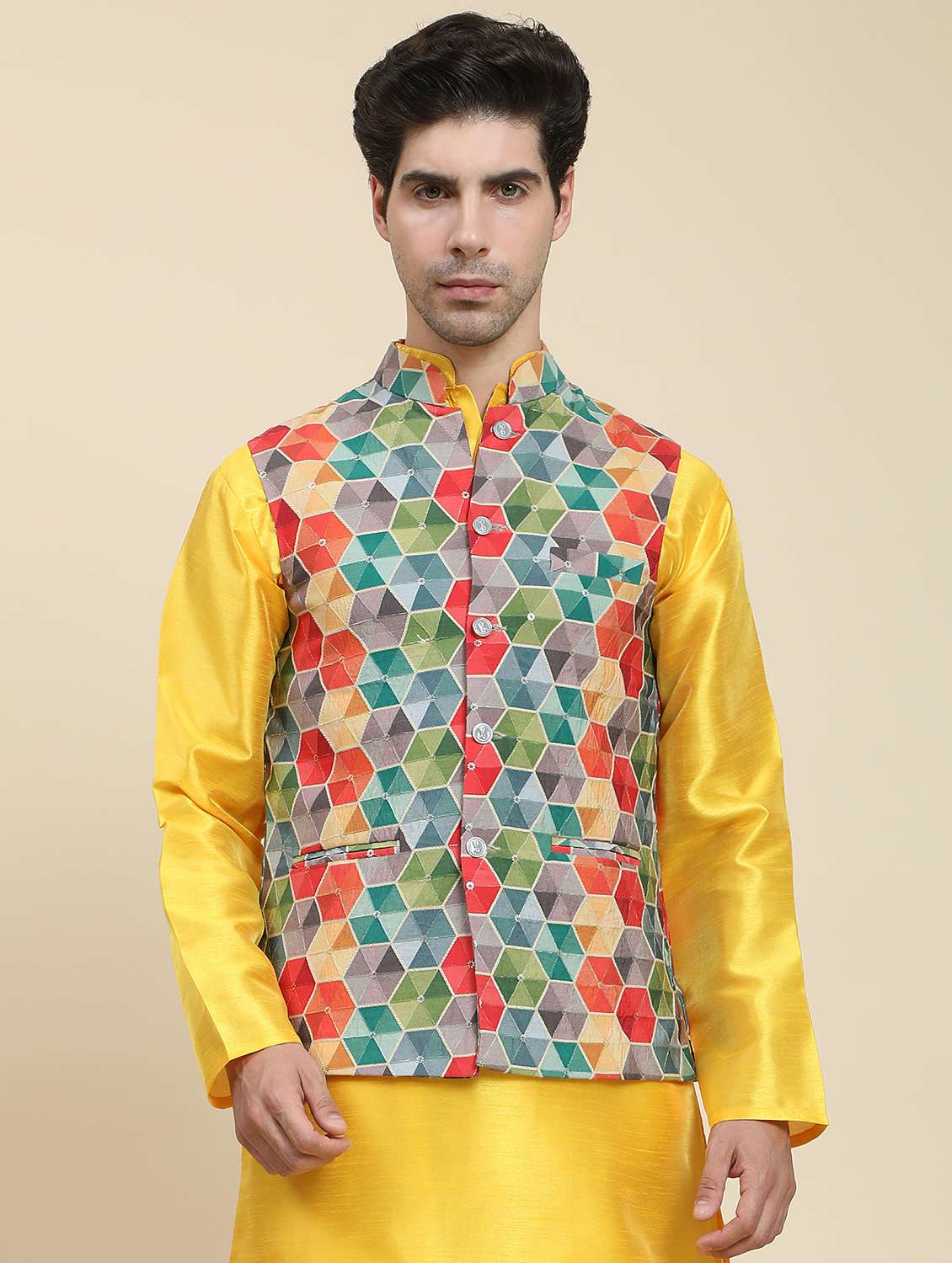 yellow polyester nehru jacket - 20018400 - Zoom Image - 0