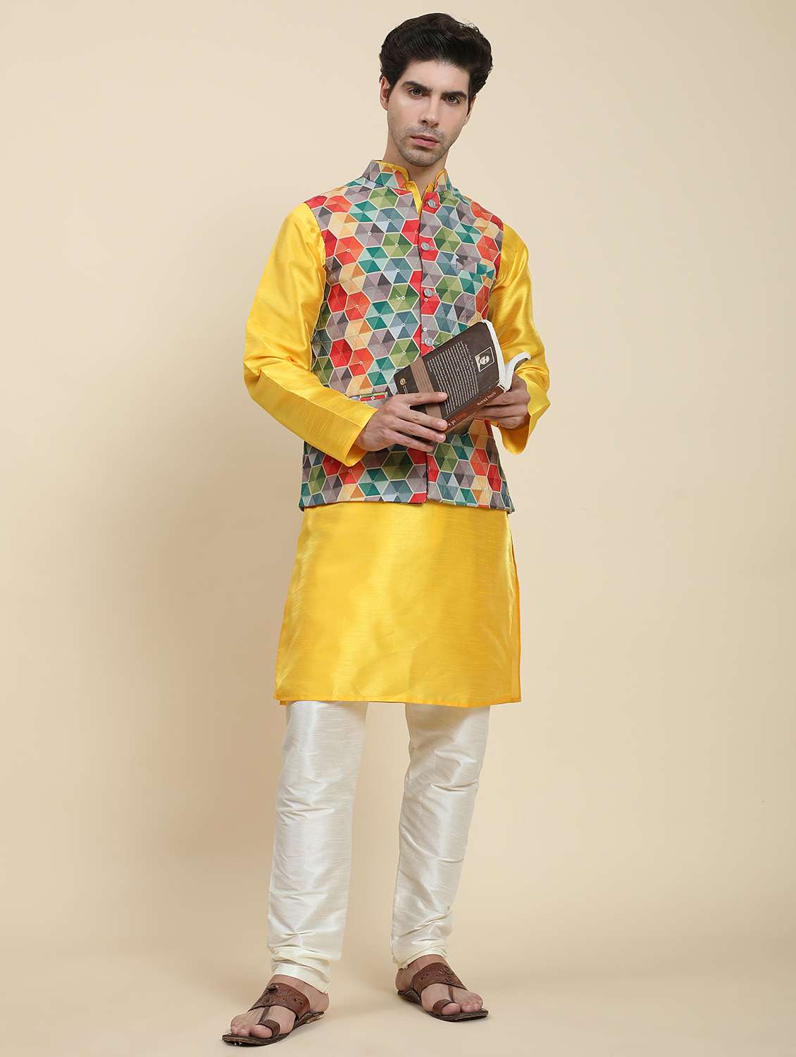 yellow polyester nehru jacket - 20018400 - Standard Image - 3