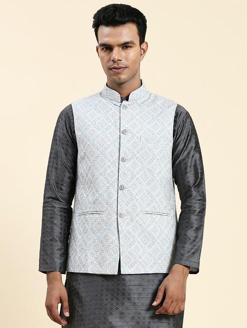light blue polyester nehru jacket - 20018405 - Standard Image - 0