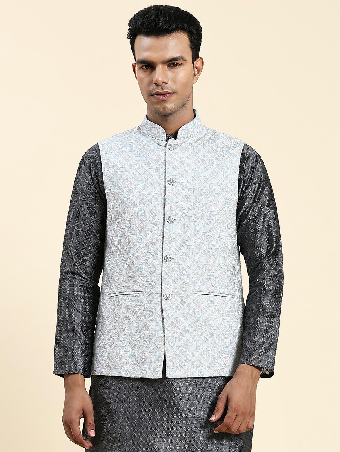 light blue polyester nehru jacket - 20018405 - Zoom Image - 0