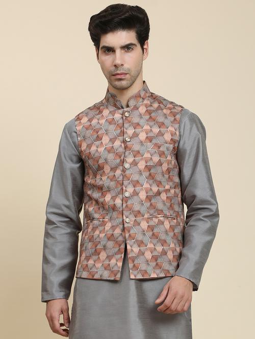 brown polyester nehru jacket - 20018409 -  Standard Image - 0