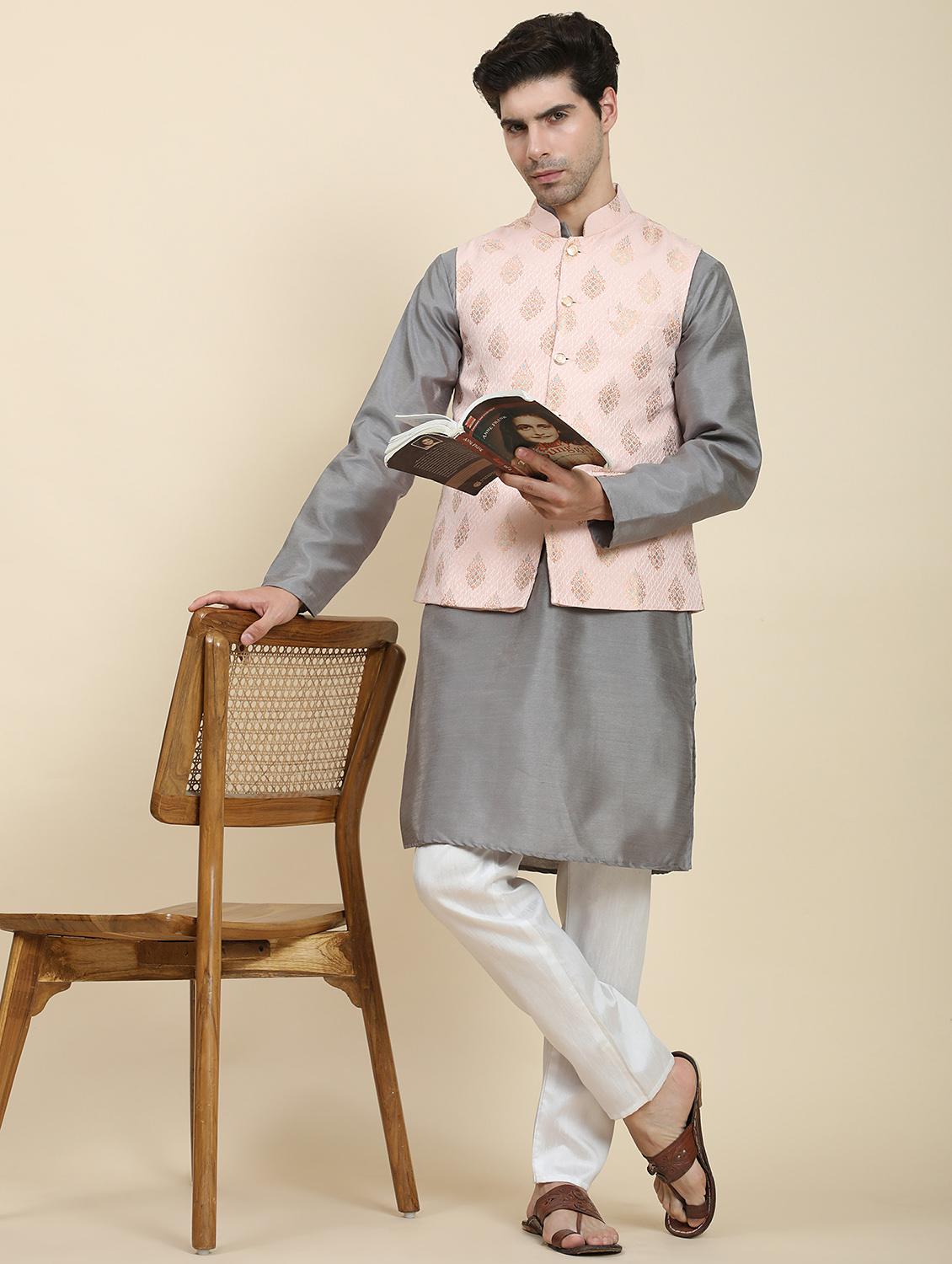 pink polyester nehru jacket - 20018426 - Standard Image - 3