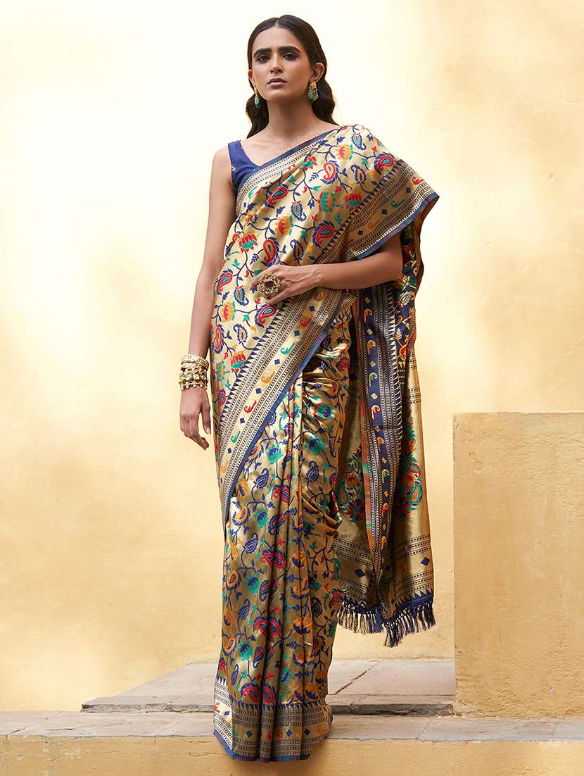 women's self design gold colored saree with blouse