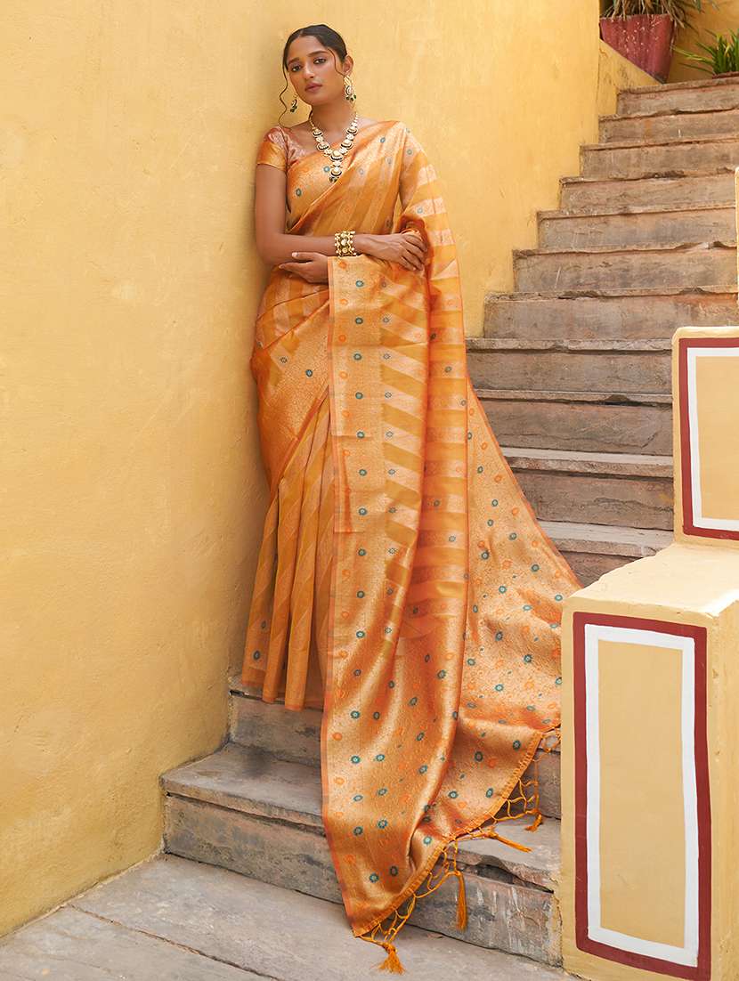 women's self design gold colored saree with blouse