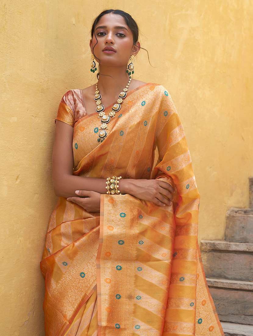 women's self design gold colored saree with blouse - 20018608 -  Standard Image - 3