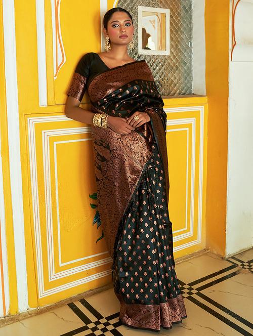 black silk blend saree with blouse - 20018637 - Standard Image - 0