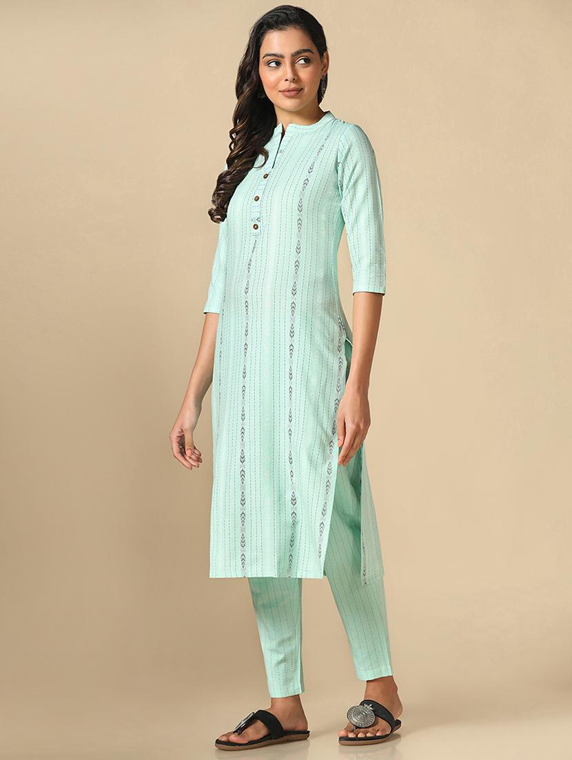 green cotton blend kurta pant  set - 20018727 -  Zoom Image - 0