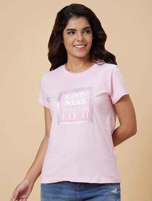 women pink cotton chest print t-shirt - 20019017 - Standard Image - 0