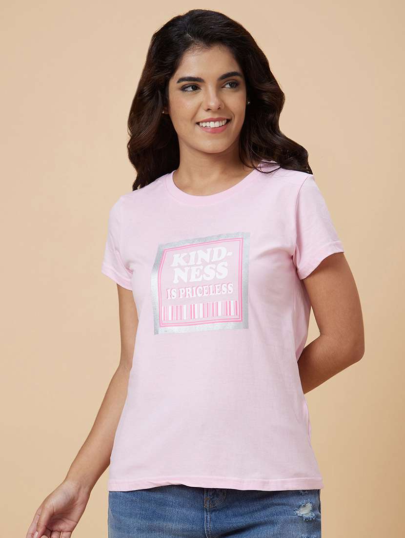 women pink cotton chest print t-shirt - 20019017 - Zoom Image - 0