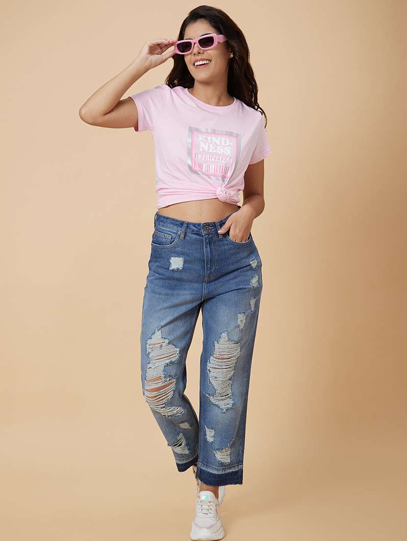 women pink cotton chest print t-shirt - 20019017 - Standard Image - 3
