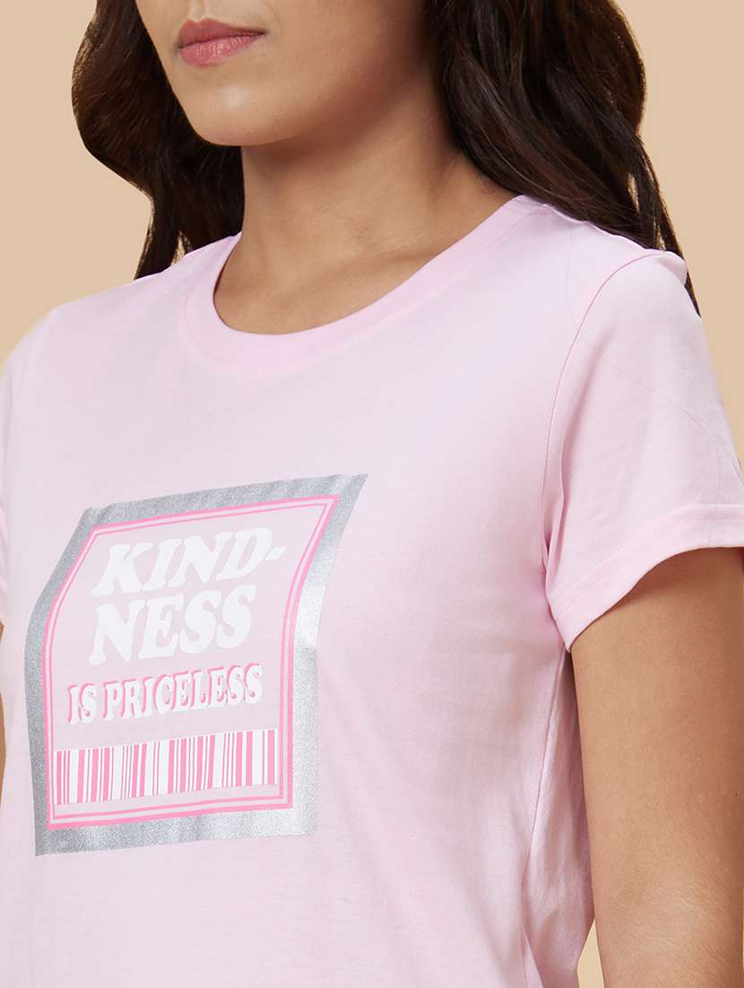 women pink cotton chest print t-shirt - 20019017 - Standard Image - 5