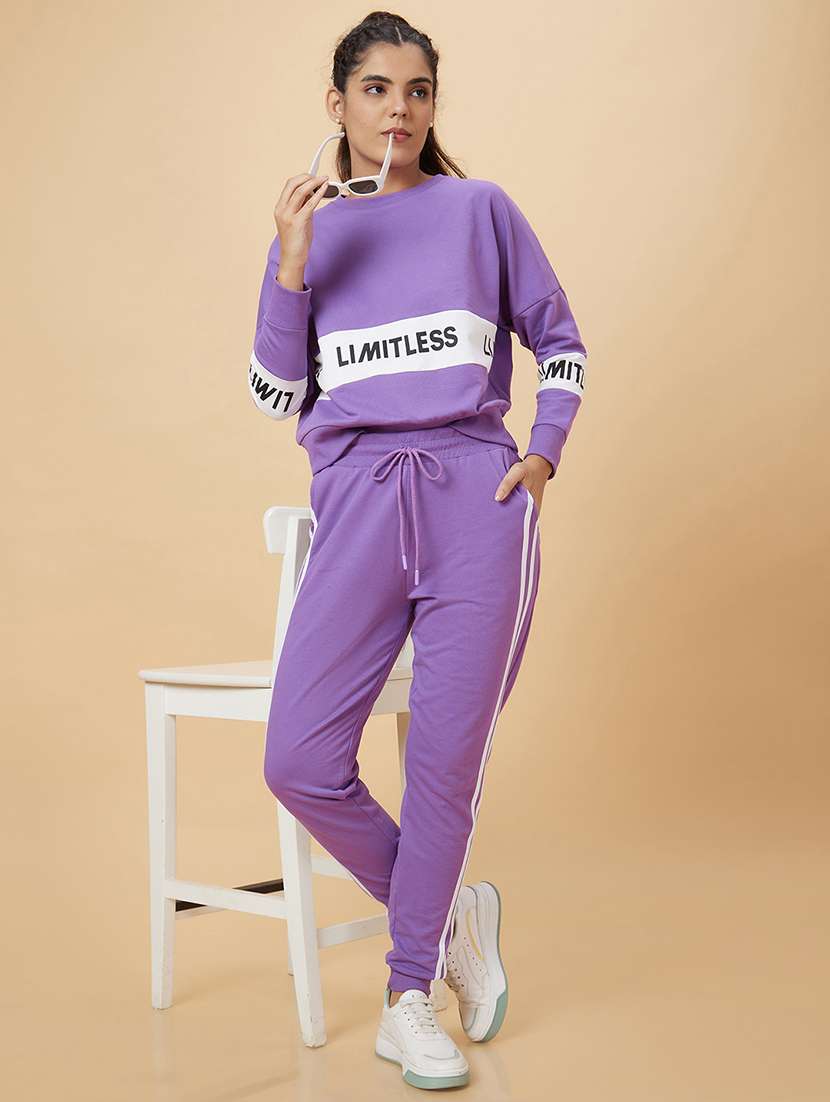 women purple cotton tapered joggers - 20019083 - Standard Image - 3