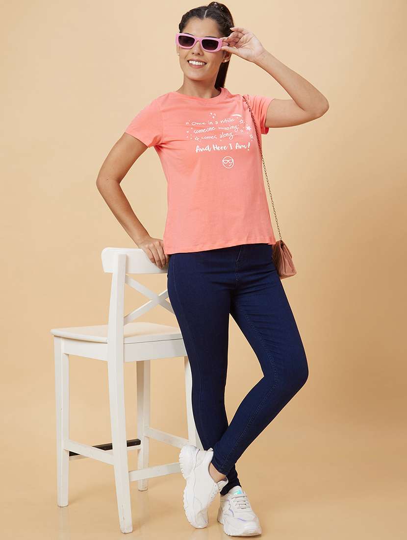 women's chest print round neck t-shirt - 20019095 -  Standard Image - 3