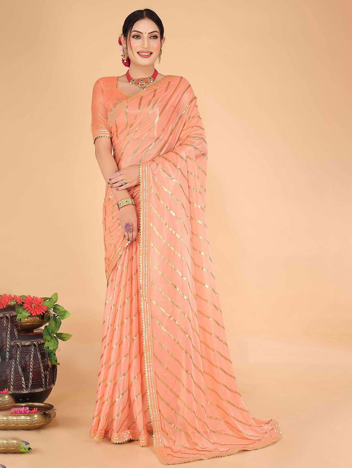 gota work striped bordered saree