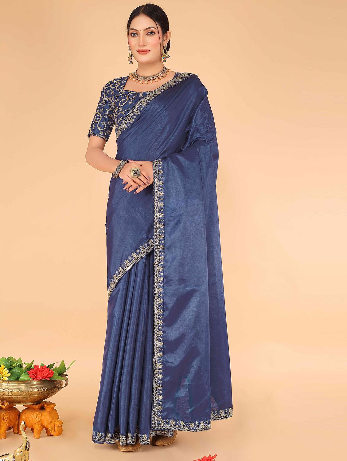 women's bordered navy blue colored saree with blouse