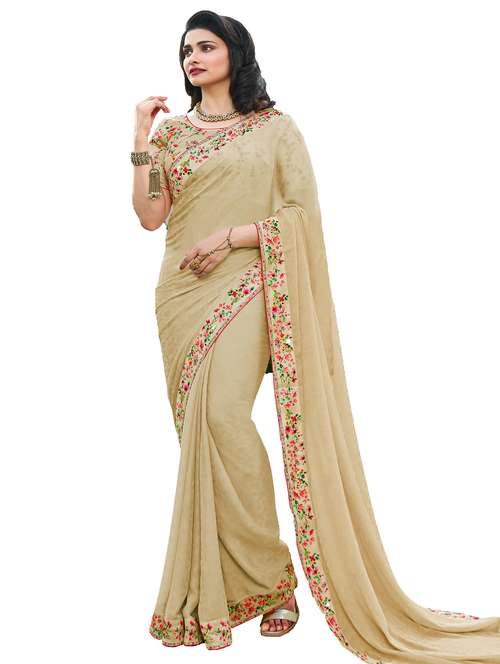 women's bordered cream colored saree with blouse - 20022634 -  Standard Image - 0