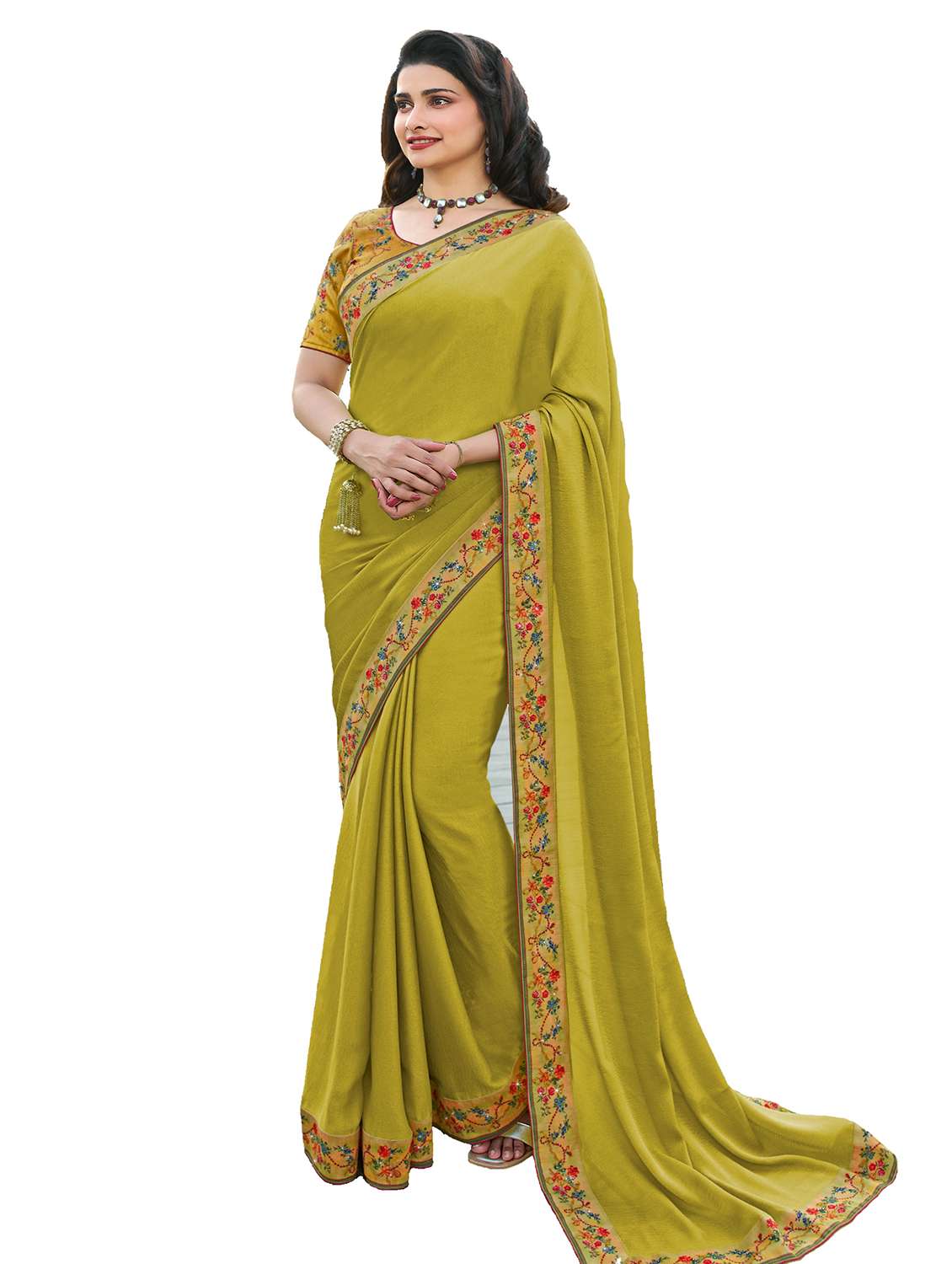 women's bordered yellow colored saree with blouse
