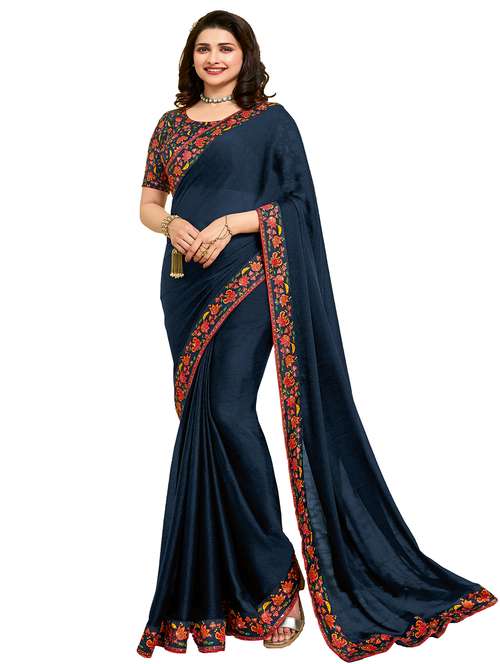 women's bordered navy blue colored saree with blouse - 20022639 -  Standard Image - 0