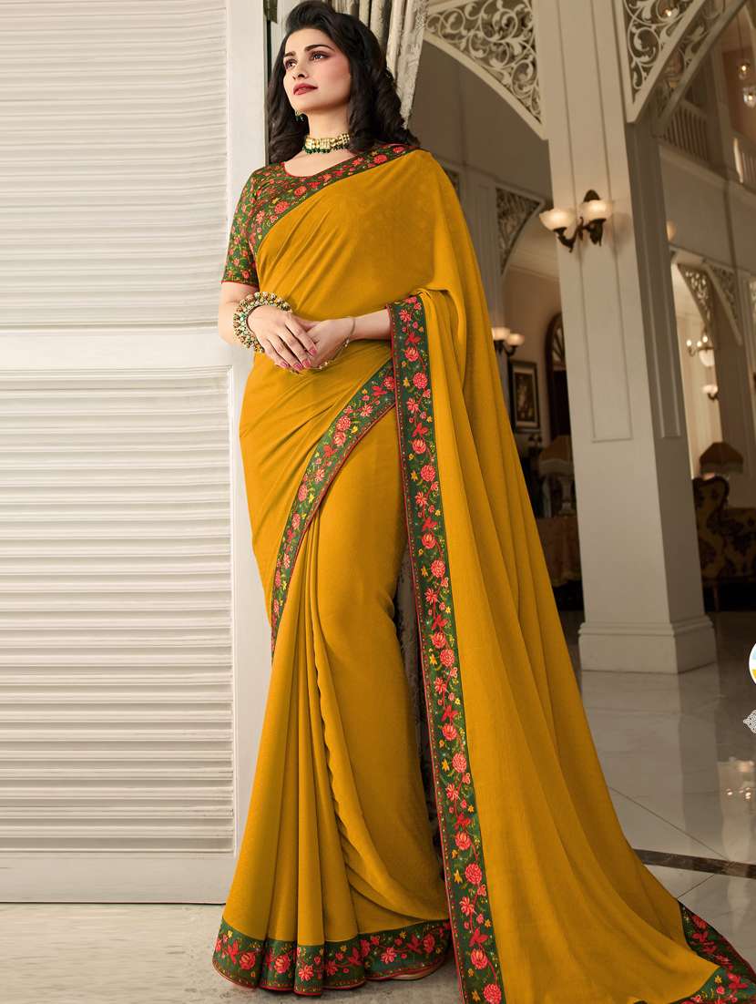 women's bordered mustard colored saree with blouse