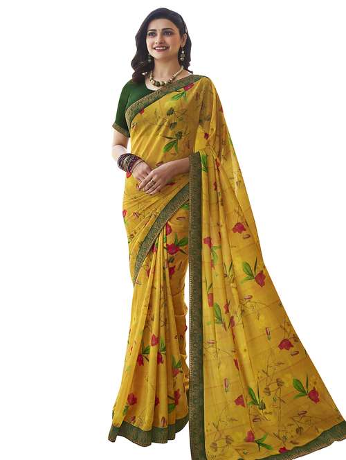 women's floral yellow colored saree with blouse - 20022665 - Standard Image - 0